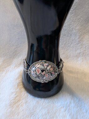 Vintage Mixed-Media Silver-Tone Bracelet - Marbled Pink & Grey Stone Toggle